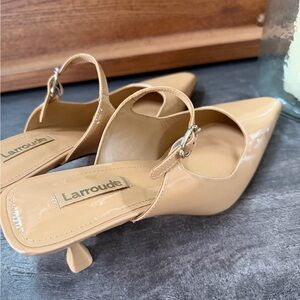 Larrroude nude patent leather slingback kitten heels